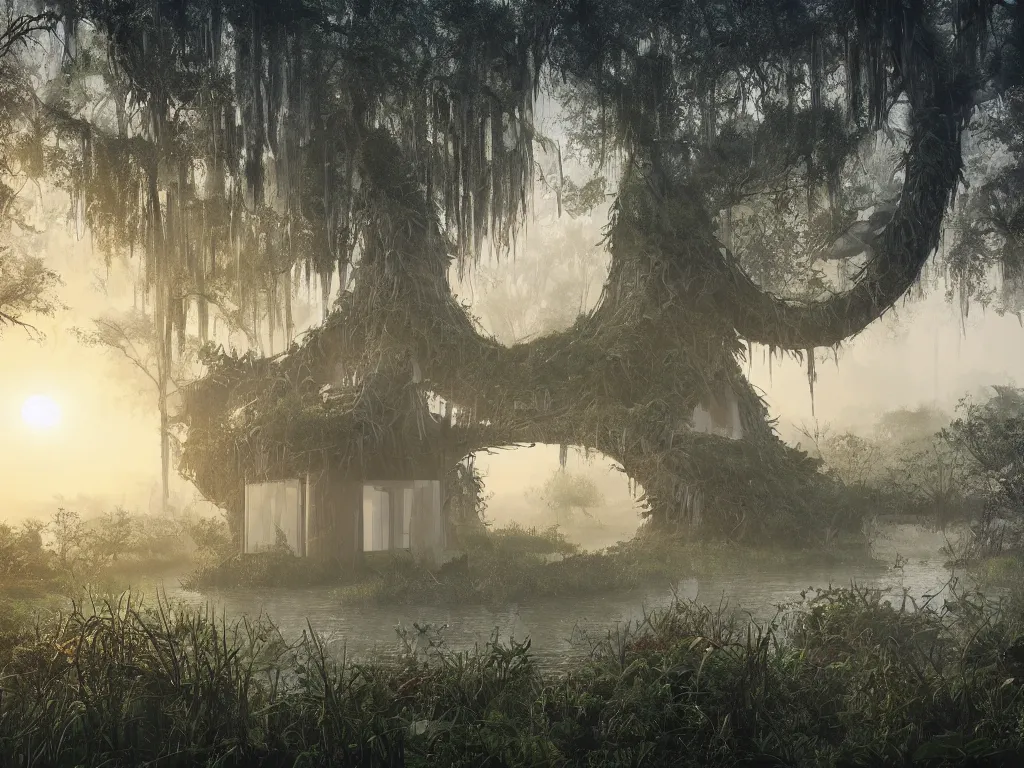 Image similar to beautiful organic house structure made of strange plants, located in a swamp at sunrise, (mist), ultra wide angle, moebius, chillwave, futuresynth, door, windows