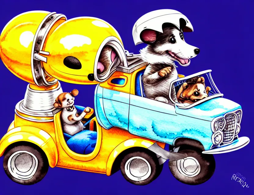 Image similar to cute and funny, puppy wearing a helmet riding in a tiny hot rod with an oversized engine, ratfink style by ed roth, centered award winning watercolor pen illustration, isometric illustration by chihiro iwasaki, edited by range murata, tiny details by artgerm and watercolor girl, symmetrically isometrically centered, sharply focused