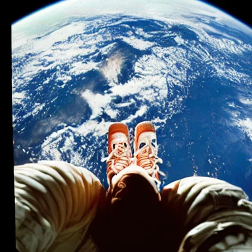 Prompt: An astronaut in a fetal position with the Earth behind him, NASA archival photo