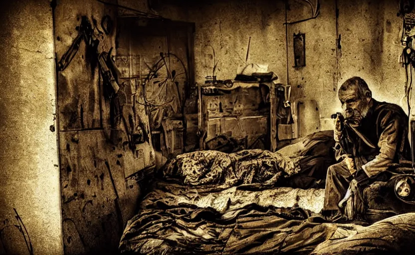 Image similar to ancient old man sleeping inside, mech, ww 3, resting, gritty, apocalyptic, poster