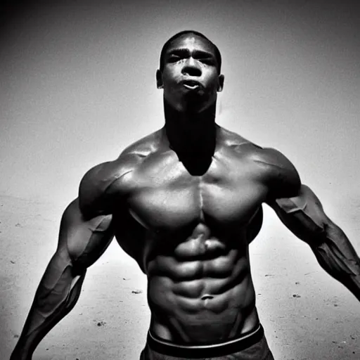 Image similar to a fitness photo of an extremely muscular alpha male, black and white, over pronounced jawline