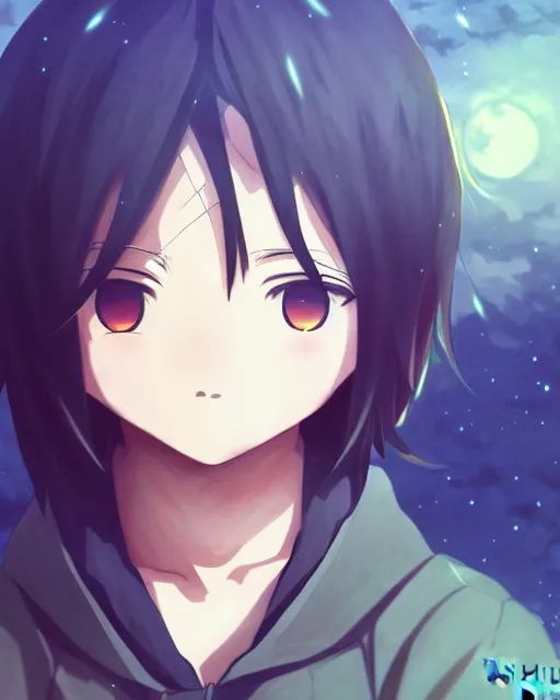 Image similar to chibi, cute, melancholy, full body, male anime character, long dark hair, stunning art style, filters applied, lunar time, night sky, trending art, sharp focus, centered, landscape shot, fate zero, simple background, studio ghiblyi, makoto shinkai, yuji yamaguchi, by wlop