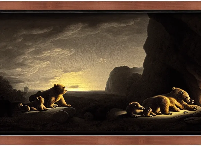 Prompt: Pieter Claesz's 'a bear and her cubs sleeping in a dark cave, lit by hole in roof', night time, cross hatching, framed, monochrome, colours of the sunset