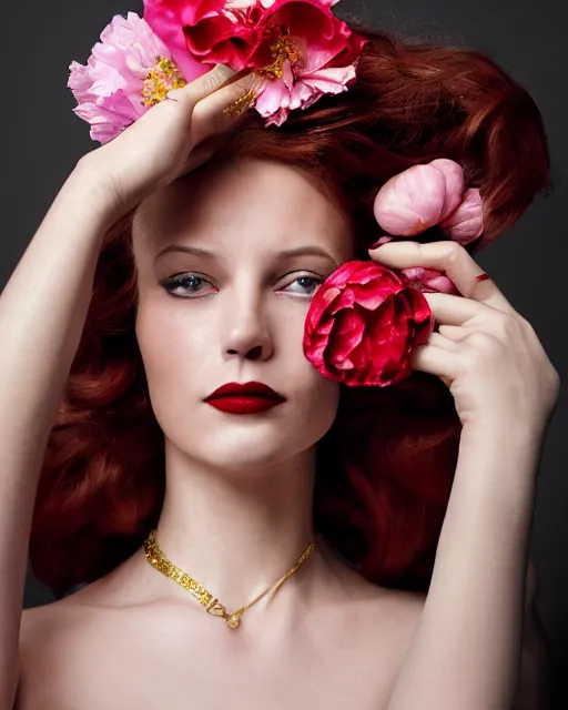 Prompt: Portrait of a woman, close-up, high sharpness, zeiss lens, fashion photo shoot, peony flowers, red hair, red lipstick, in the background of gold, they have rhinestones on their face, Edward Buba, Annie Leibovitz and Steve McCurry, David Lazar, Jimmy Nelsson, Eiko Hosoe, artistic, hyper-realistic, beautiful face, octane rendering