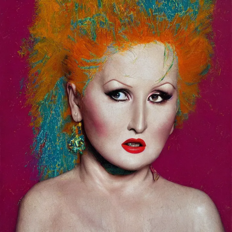 Prompt: close up studio portrait of Cindy Lauper beautiful symmetrical face wearing an Issey Miyake dress in 1985, impasto heavy brushstrokes oil painting by Norman Rockwell and Tim Hawkinson and Cy Twombly, Intense colors trending on artstation dramatic lighting Expressionism