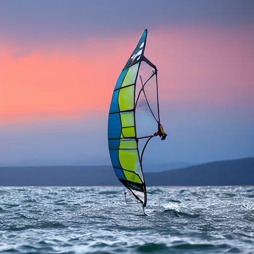 Prompt: windsurfing over stormy lake geneva with sunset in the back