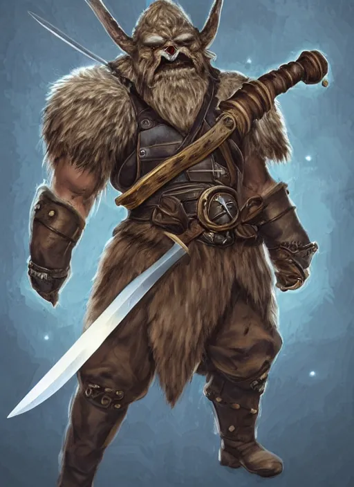 Image similar to strong young man, photorealistic bugbear ranger holding aflaming sword, black beard, dungeons and dragons, pathfinder, roleplaying game art, hunters gear, jeweled ornate leather and steel armour, concept art, character design on white background, by studio ghibli, makoto shinkai, kim jung giu, poster art, game art