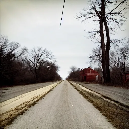 Image similar to walking in the middle of a road in a depression era midwest town that was abandoned w 7 6 4