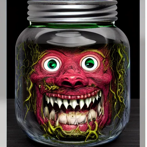 Image similar to Evil monster in a jar by John Howe, product photography, centered, studio lightning