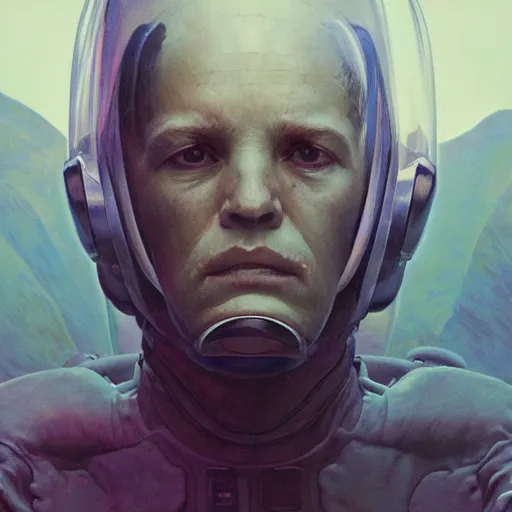 Prompt: a concept art portrait of an astronaut on a depth of field background, artstation, award - winning realistic sci - fi concept art by jim burns and greg rutkowski, beksinski, a realism masterpiece, muted color palette, james gilleard, bruegel, alphonse mucha, and yoshitaka amano