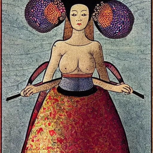 Prompt: interesting maximalist elaborate full body portrait of a beautiful medieval girl, in the style of kawase hasui and paul klee. vibrant textures. HD no frame