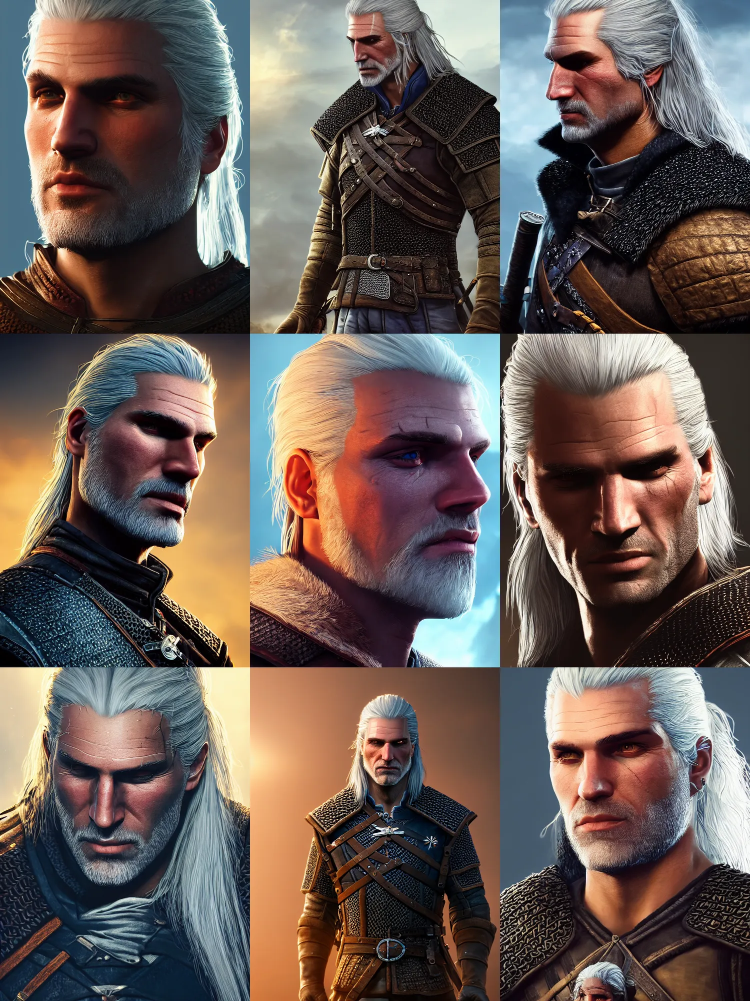 Prompt: portrait art of Geralt of Rivia 8k ultra realistic , lens flare, atmosphere, glow, detailed,intricate, full of colour, cinematic lighting, trending on artstation, 4k, hyperrealistic, focused, extreme details,unreal engine 5, cinematic, masterpiece