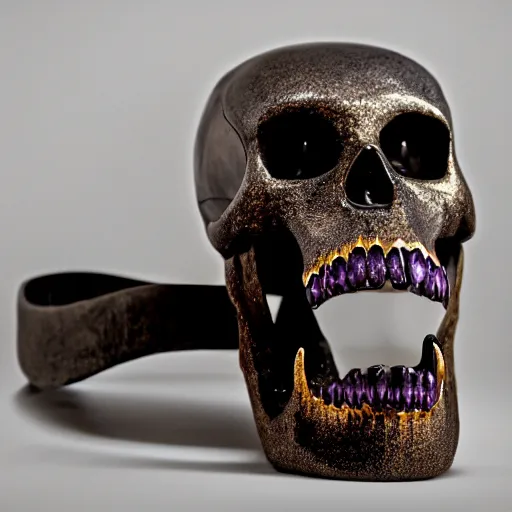 Image similar to opened mouth panther skull with gold teeth and raw gems and crystal inlaid panther skull, exposed in museum, matte black, rose gold, amethyst, high coloration, ambient lightning, focused, highly detailed, 8 k