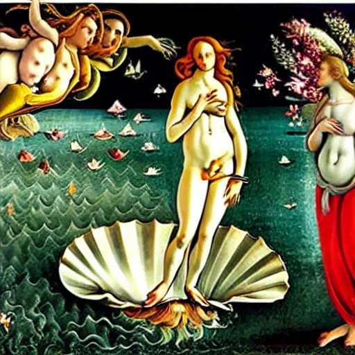 Image similar to birth of venus all people are frogs in the style botticelli, 8 k, oil painting,