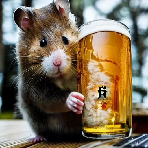 Image similar to japanese hamster samurai drinking beer in big cup