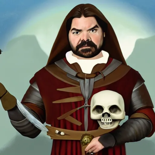 Image similar to a portrait of matt berry as a medieval doctor holding a skull, pixar, dark fantasy