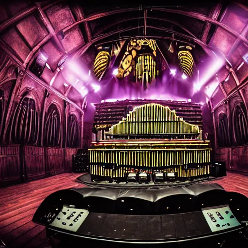 Image similar to pipe organ stereo system hybrid on a huge rock concert stage, spotlights, footnights, fog, style of michael okuda, vincent di fate, rongier, dramatic lighting, detailed, gothic, ornate, fisheye, bizarre, kafka