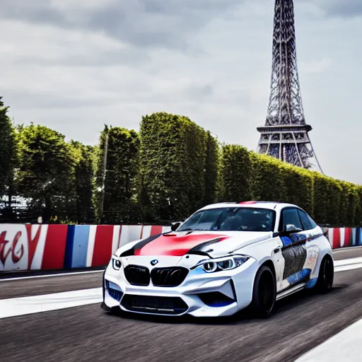 Prompt: long shot of BMW M2 Competizione drifting in front of the Effel Tower in Paris, 4k, HD Photography