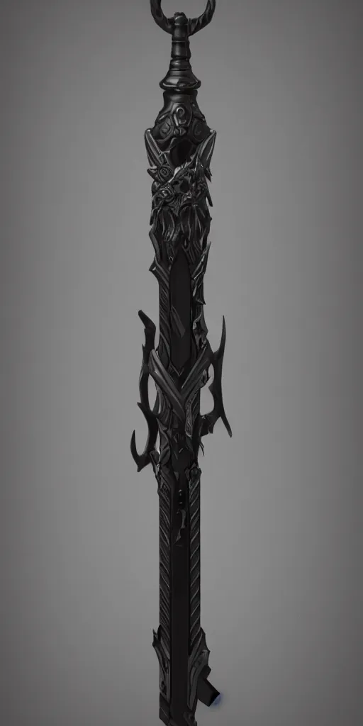 Image similar to a black and silver sword skull crest, orthographic, ornament, weapon, a 2 d render by dom qwek, front side, concept art, trending on polycount, artstation, hard surface modeling, rendered in maya, zbrush, hd, vray, blizzard, symmetry