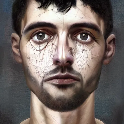 Image similar to surreal portrait of a man by Greg Rutkowski, symmetrical face, he is about 30 years old, short black hair with bangs, his features are a mix between French, Turkish and Russian, transformed into a kind of biomechanical transhuman god, uncany but fascinating, expression of epiphany and determination, cosmic void background, frightening, fascinating, highly detailed portrait, digital painting, book cover, artstation, concept art, smooth, sharp foccus ilustration, Artstation HQ