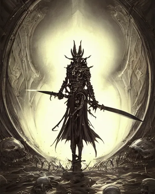 Image similar to The last enemy that shall be destroyed is death, full body image, artwork by artgerm, Luminism, Behance HD, medievil spear, broad sword, D&D, extraordinary phenomenon, fantasy, intricately detailed, elegant, digital painting, smooth, sharp focus, art by Greg Rutkowski, art by Ruth Asawa, art by Tim Burton, art by Ted Nasmith, art by H.R. Giger