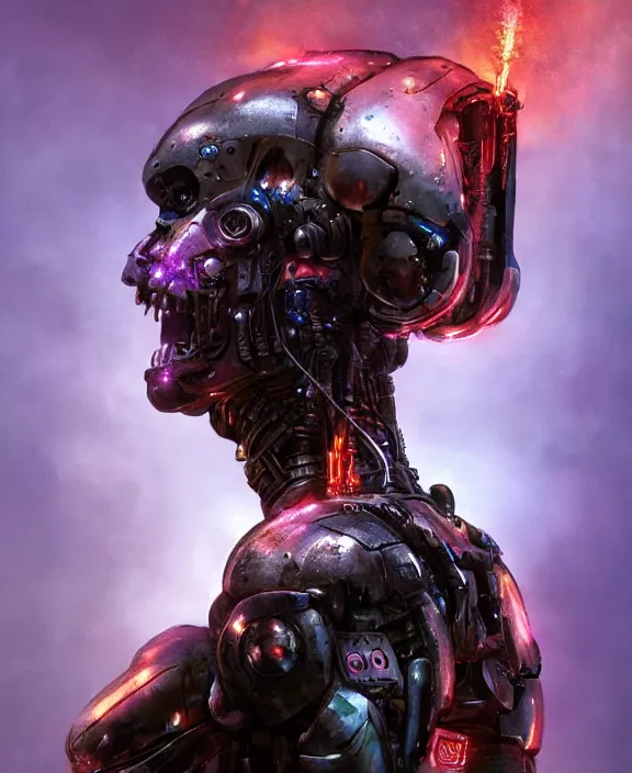 Image similar to an upper body portrait of a cyborg soldier burning with purple fire, by hr giger and beksinski and stephan martiniere, 4 k resolution, detailed, 3 d render, unreal engine, octane render, trending on artstation