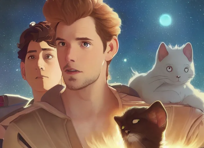 Image similar to a space handsome gay guy and his pet space cat staring role in a musical sci - fi space opera ghibli animated film, volumetric lighting, octane render by stanley artgerm lau, greg rutkowski, thomas kindkade, alphonse mucha, loish, norman rockwel, 8 k greg rutkowski