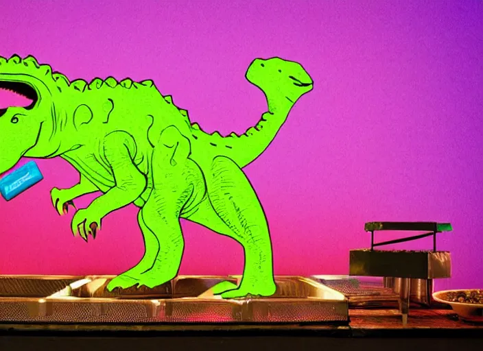 Prompt: a dinosaur made out of waffles barbecuing chewing gum. in a room with neon rainbow color drapes. outside the window a anachronist noir future.