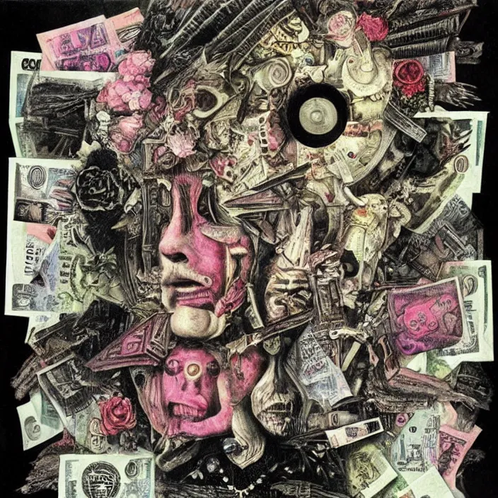 Image similar to post - punk new age album cover, asymmetrical design, dollar bank notes, capitalism, magic, apocalypse, psychedelic, black white pink, highly detailed, magic, giger h. r., giuseppe arcimboldo