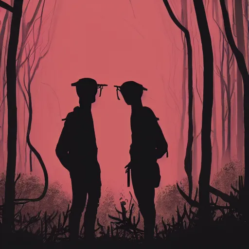 Prompt: in the style of max prentis and deathburger and laurie greasley a silhouette of two young explorers wearing cyberpunk headpieces standing on a giant abandoned robot head in the middle of an enchanting forest, long shot, wide angle, highly detailed, 8k wallpaper