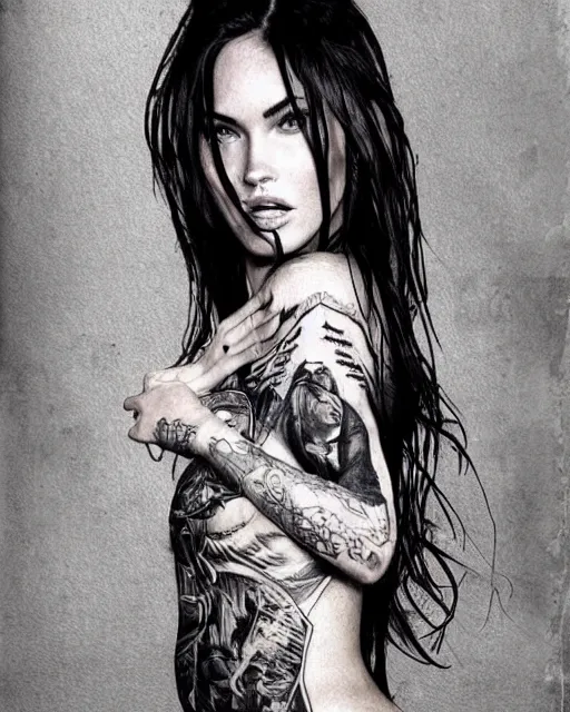 Image similar to creative double exposure effect tattoo design sketch of megan fox with beautiful mountains, realism tattoo, in the style of andrey lukovnikov, amazing detail, sharp