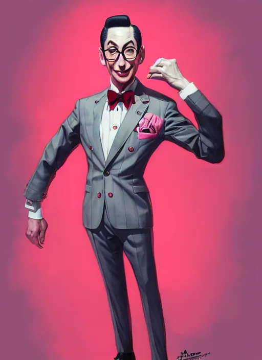 Prompt: pee wee herman, wide angle view, red and pink color scheme, highly detailed, artgerm, cushart krenz, king of fighters style, trending on artstation, soft light, sharp focus, illustration, character design, concept art