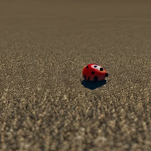 Prompt: promotional still wide angle, a mountain - sized ladybug roams a barren wasteland, dramatic lighting, ( e. t. the extra - terrestrial ), batteries not included, harry potter, octane 3 d render, imax, 7 0 mm.