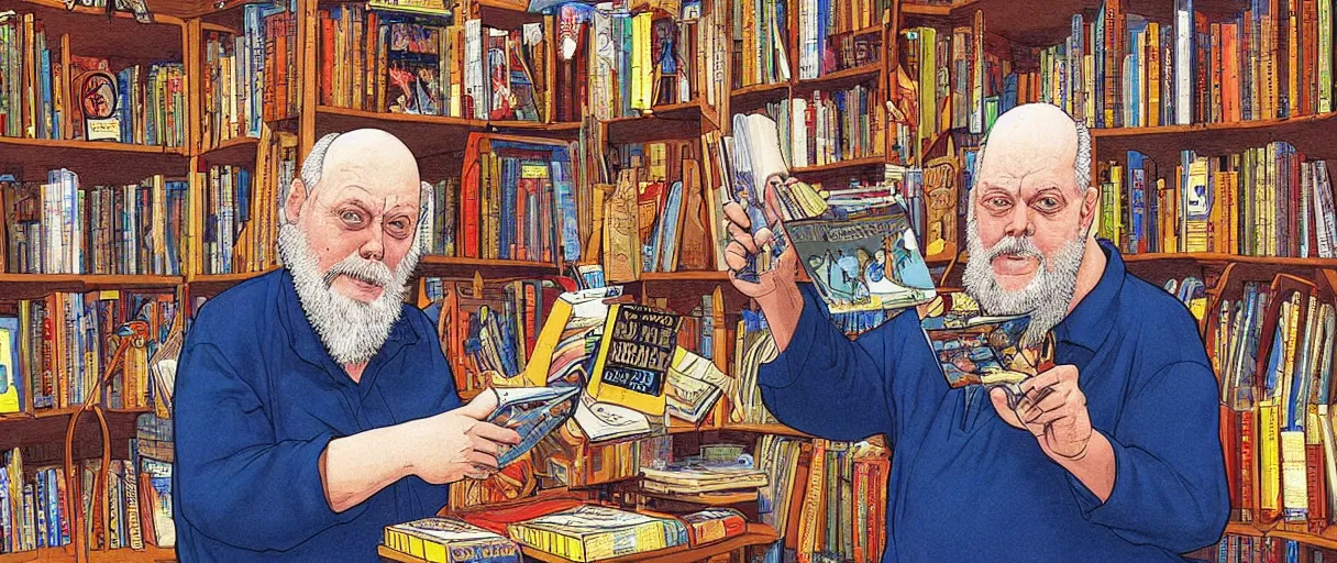 Prompt: an awesome jean giraud digital painting of robert anton wilson telling jokes at a local bookstore in the new age section