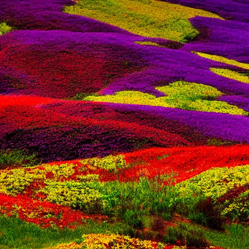 Prompt: a hill with flowers, colors red, yellow, purple, Photoshot, realistic