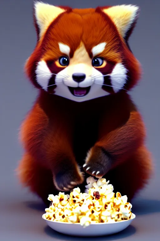 Image similar to high quality 3 d render hyperrealist very cute happy red panda & cat hybrid stuffing face with popcorn, vray smooth, in the style of detective pikachu, very dramatic light, low angle, uhd 8 k, shallow depth or field