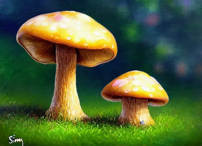 Prompt: a cute creature sitting next to a mushroom, realistic, very detailed, complex, intricate, studio lighting, superres sharpening, bokeh, sigma 5 0 mm f 1. 4, impressionist painting, digital painting, artstation, simon stalenha