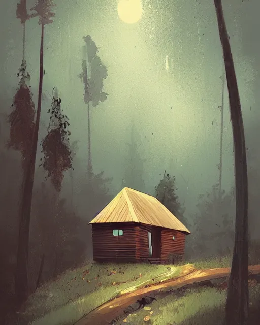 Prompt: small wooden cabin lost on a hill, trees in the background, at night with a little rain,, illustration, ismail inceoglu