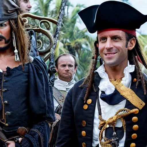 Image similar to emmanuel macron in pirates of the caribbean movie, full body shot, highly - detailed, sharp focus, award - winning