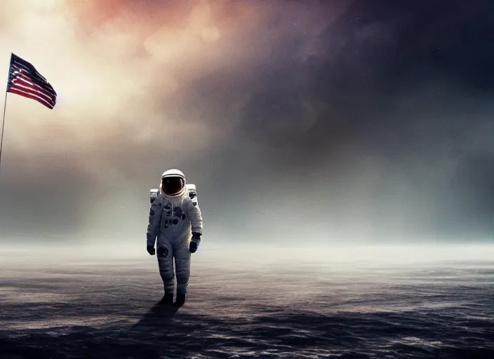 Image similar to astronaut holding a flag in an underwater desert. a submarine is visible in the distance. dark, concept art, cinematic, dramatic, atmospheric, 8 k, trending on artstation, blue, fish, low visibility, fog, ocean floor, christopher nolan, interstellar