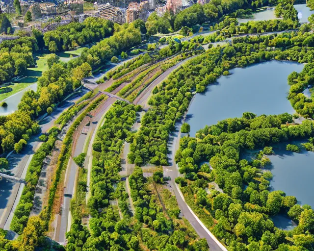 Image similar to 4 k hd, high resolution photograph of i. o. r. park in bucharest, full colour, shot with sigma f / 4. 2, 2 5 0 mm sharp lens, wide shot, high level texture render