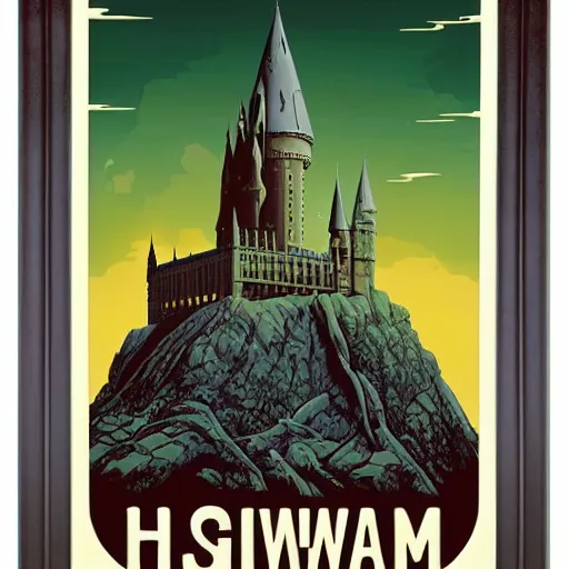 Image similar to poster artwork by Michael Whelan and Tomer Hanuka, of Hogwarts Castle, clean