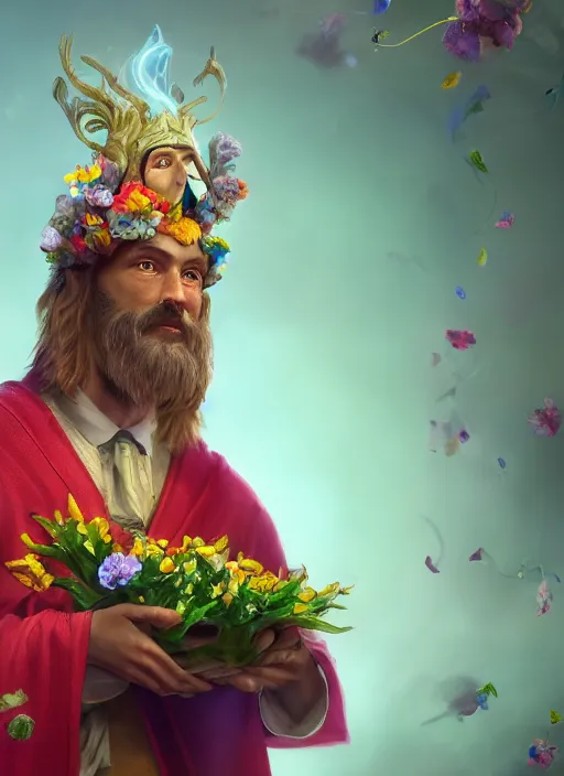 Image similar to an anthropomorphic beautiful male wizard portrait holding a flowers wearing colourful robe, fine art, award winning, intricate, elegant, sharp focus, octane render, hyperrealistic, wizard hat cinematic lighting, highly detailed, digital painting, 8 k concept art, masterpiece, trending on artstation, 8 k