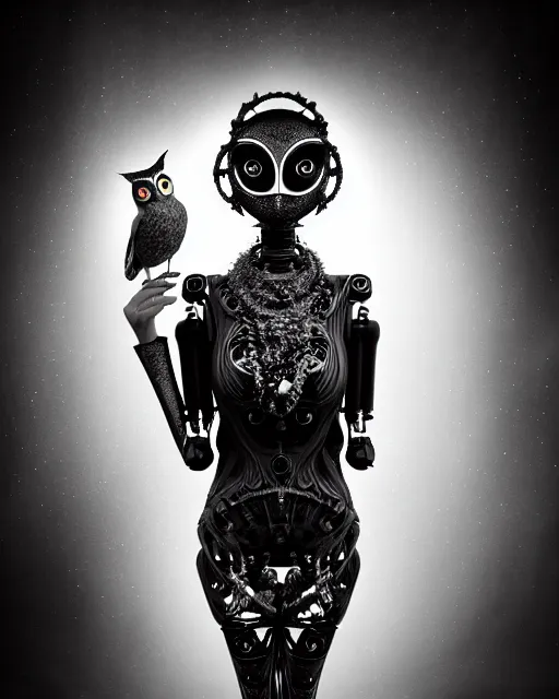 Prompt: surreal mythical dreamy dark artistic black and white fine art 3 / 4 fashion portrait photo of a young beautiful delicate female robot - witch - owl with orchid - doll face, rim light, cinematic, studio dramatic light, poetic, masterpiece, octane render, 8 k, photo - realistic by gustave dore hg giger