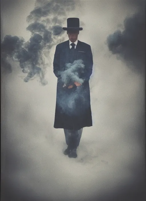 Image similar to mysterious man in suit and hat shrouded in smoke, in a big industrial city metropoli with a cloudy sky, polaroid artistic photo