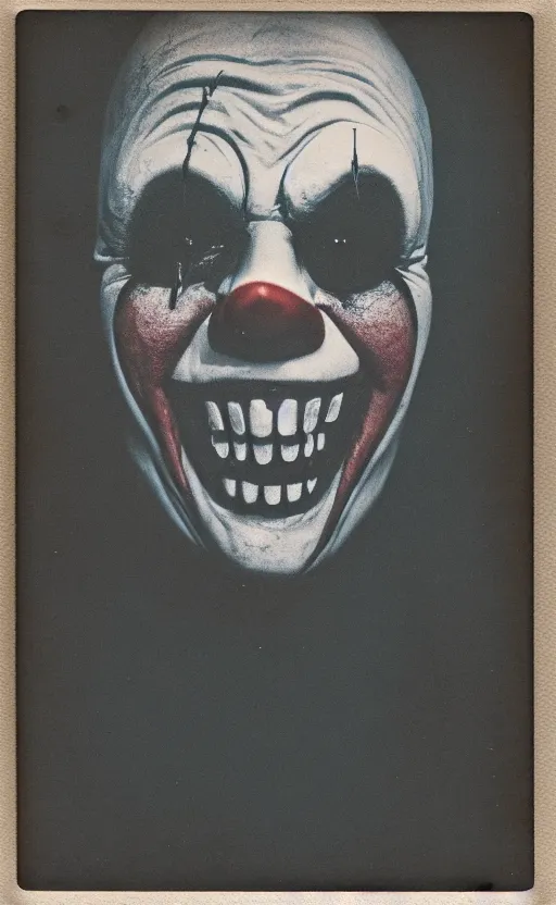 Image similar to an eerie polaroid photograph of a scary evil horrifying clown in the backrooms, nighttime, dimly lit, creepy hd 4k