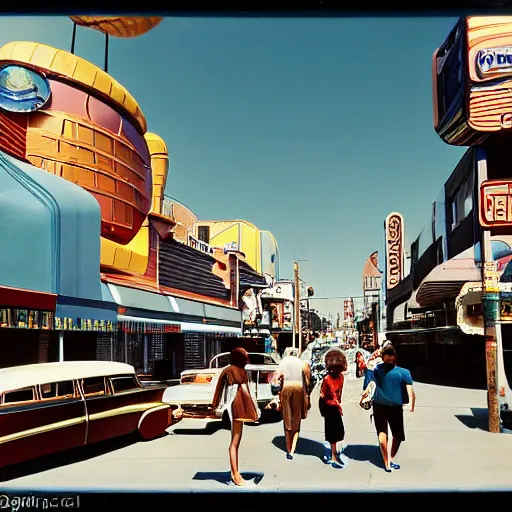 Prompt: space station city with route 6 6, americana architecture, streets and neon signs, happy people walking and retro robots, huge glass windows, space, wide angle photo, incredible composition, detailed, kodachrome