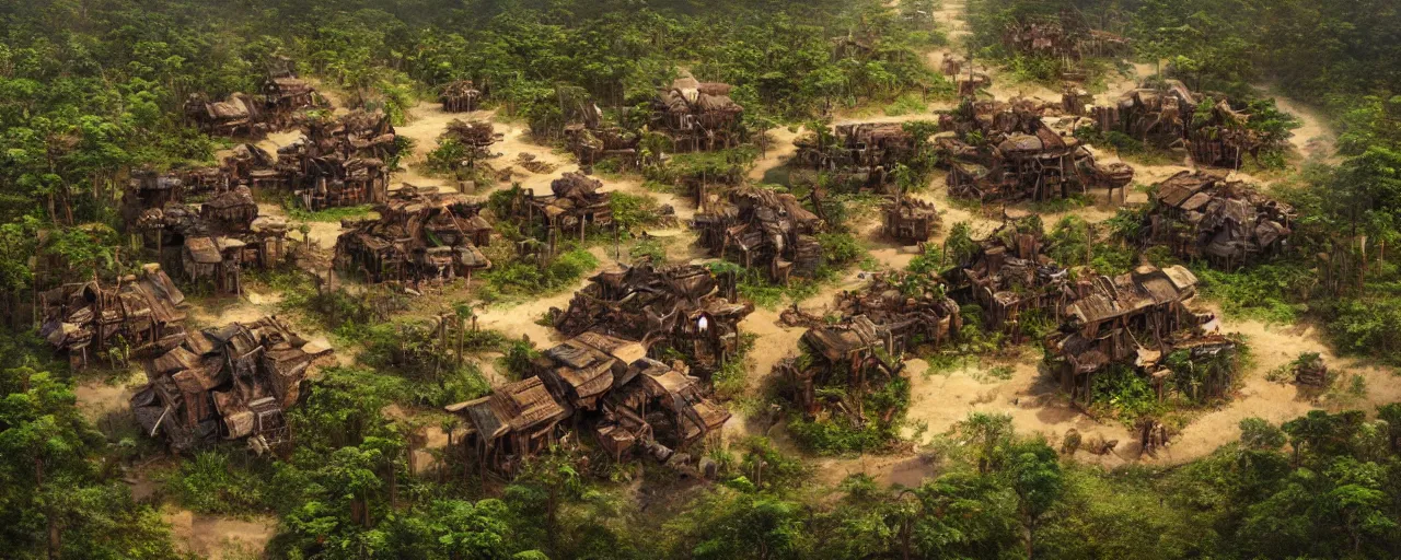 Image similar to an intricate concept art of a tribal houses in the middle of the amazon rainforest, artstation, sci - fi, hyper realistic, concept art, art by dylan cole, cinematic lighting, octane render