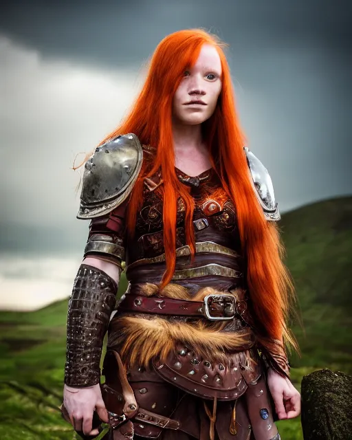 Image similar to north adult female warrior, red hair, ginger hair, long hair, fantasy, female Viking, high detailed, photography, cloudy, lightweight leather armour, Scandinavia, plain, detailed face, beautiful face, beautiful girl, look into the distance, professional model, glowing skin, serious face, full body, professional photographer, masterpiece, 50 mm, 8k, 3D