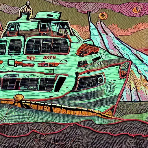 Image similar to an abandoned ship in the aral sea, in the style of daniel johnston and outsider art, 8 k, line brush, overlaid with chinese adverts